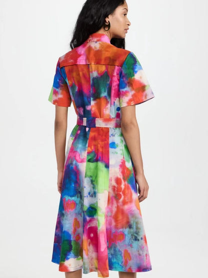 Women Fashion Casual Printed Lapel Short Sleeve Single-Breasted Belt Dress