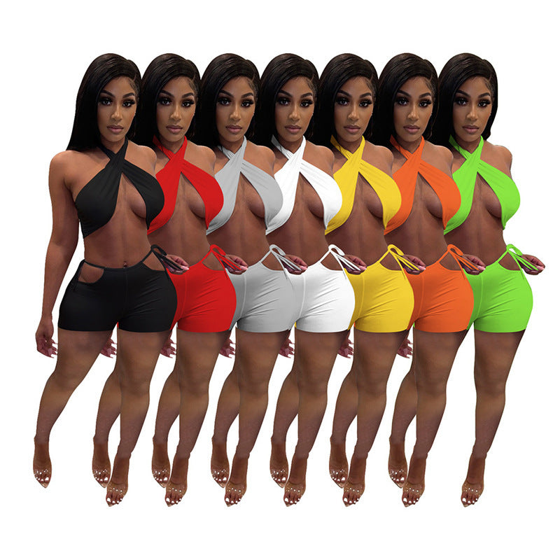 Traje casual de dos piezas con top corto y pantalones cortos de color liso para mujer