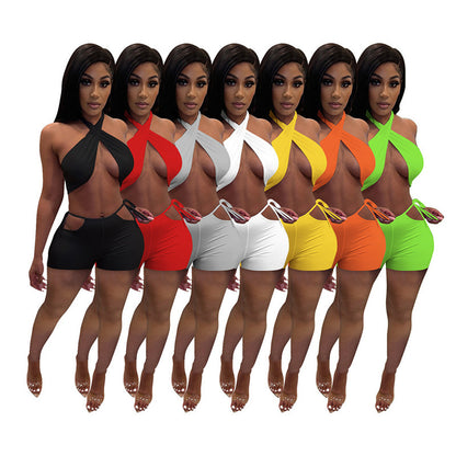 Traje casual de dos piezas con top corto y pantalones cortos de color liso para mujer