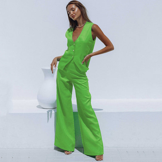 Conjunto de camiseta sin mangas y pantalón de color liso informal a la moda para mujer
