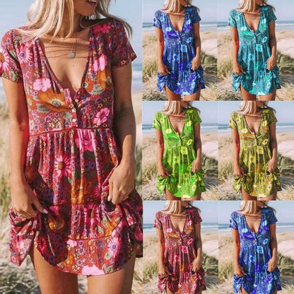 Women Casual Floral Printed V-Neck Short Sleeves Ruffled Dress