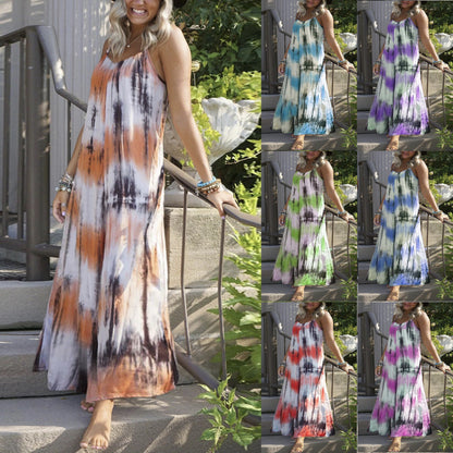 Women Fashion Casual Vacation Tie Dye Print Spaghetti Strap Maxi Loose Dress