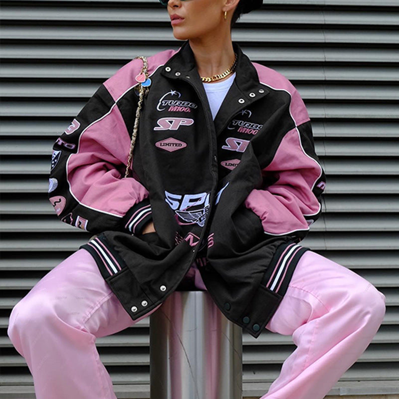 Chaqueta de béisbol de manga larga con estampado de letras rosa informal para mujer