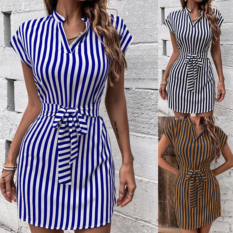 Spring Summer Casual Women Sleeveless Stripe Lace-Up Shirt Dress