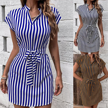 Spring Summer Casual Women Sleeveless Stripe Lace-Up Shirt Dress