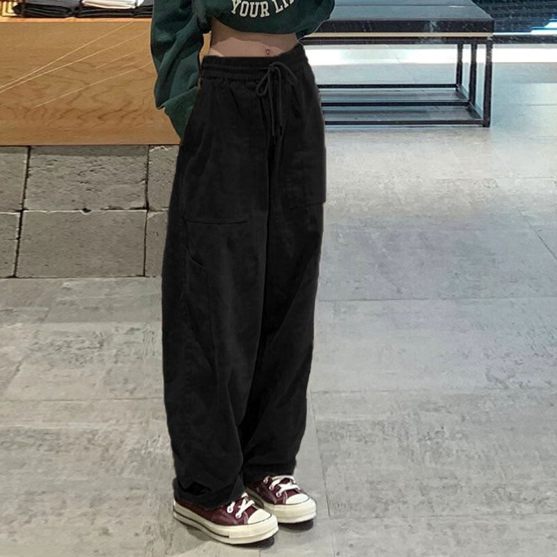 Women Casual Solid Color Loose Elastic High Waist Straight Leg Cargo Pants