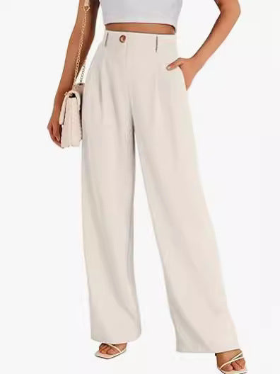 Women Fashion Casual Solid Color High Waist Wide Leg Pants