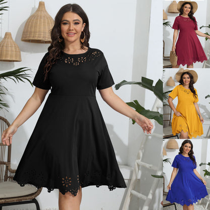 Women Fashion Casual Solid Color Hollow Short Sleeve Plus Size Dress