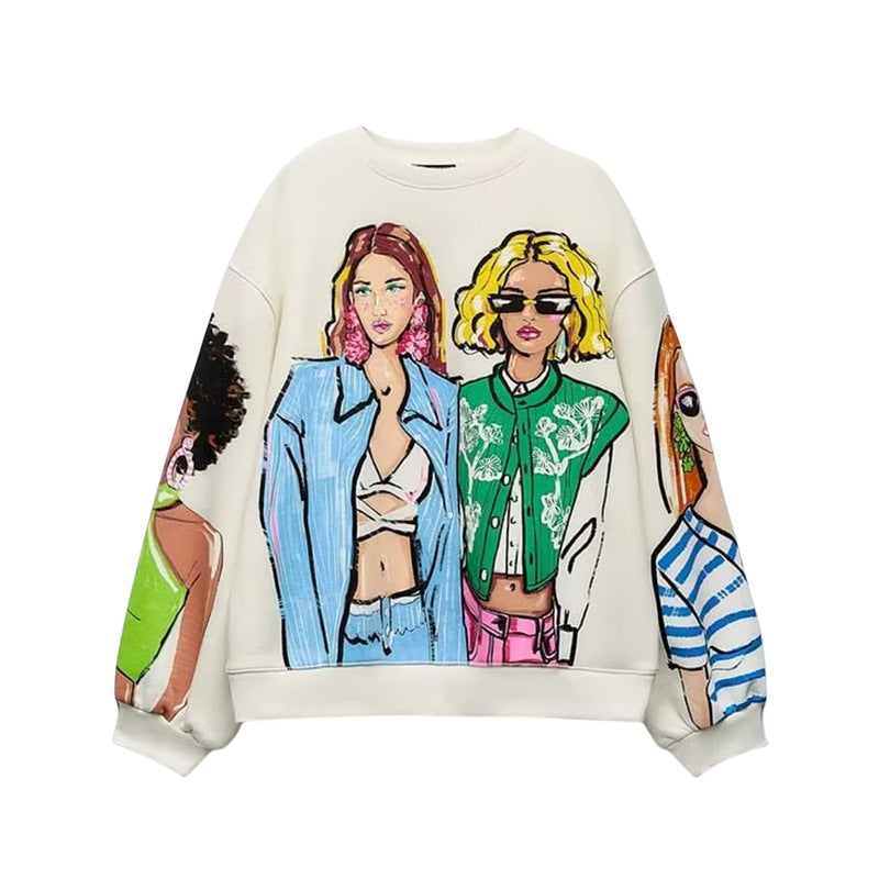 Women Casual Loose Cartoon Girl'S Printed Round Neck Long Sleeve Sweatshirt