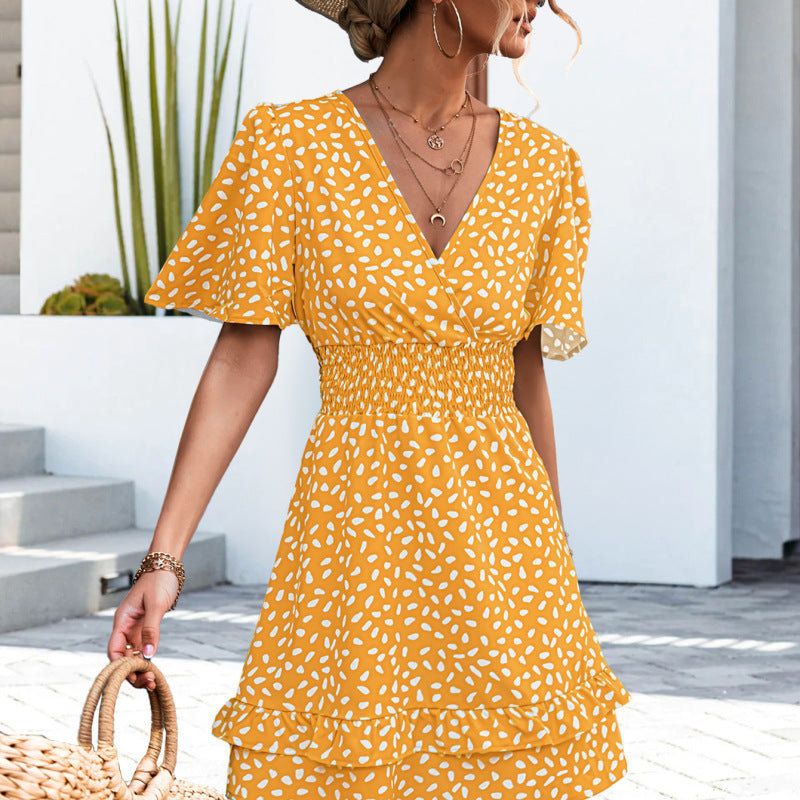 Vestido informal de verano para vacaciones, sexy, con escote en V, mangas abullonadas y cintura definida