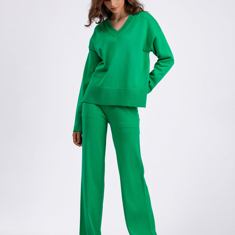 Autumn Winter Women Fashion Loose Casual Solid Color Sweater Pants Two-Piece Set