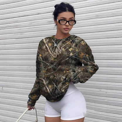 Women Casual Loose Camouflage Pattern Printed V-Neck Long Sleeve Sweatshirt