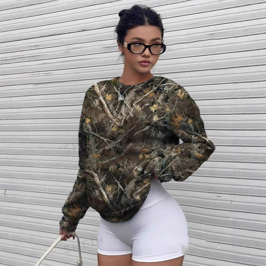 Women Casual Loose Camouflage Pattern Printed V-Neck Long Sleeve Sweatshirt