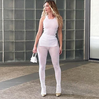 Conjunto informal de camiseta sin mangas con abertura y pantalones ajustados transparentes para mujer