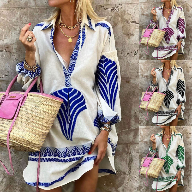 Vestido informal de manga larga con estampado geométrico y escote en V para mujer