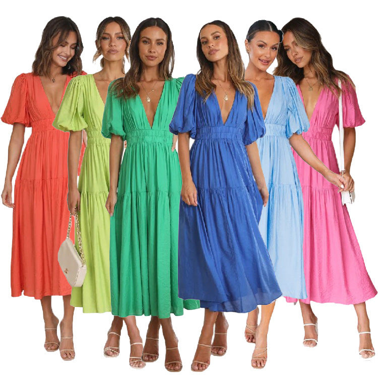 Vestido largo informal elegante con escote en V y mangas abullonadas de color liso para mujer