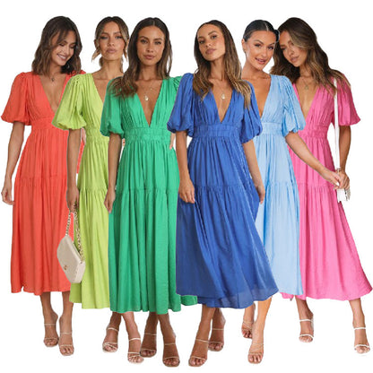 Vestido largo informal elegante con escote en V y mangas abullonadas de color liso para mujer