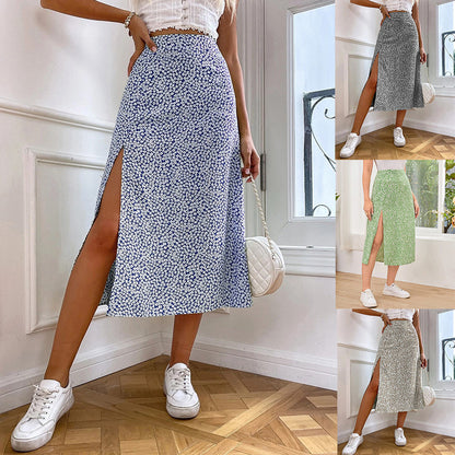 Summer Women Fashion Casual Small Tiny Flower Print Split Skirt