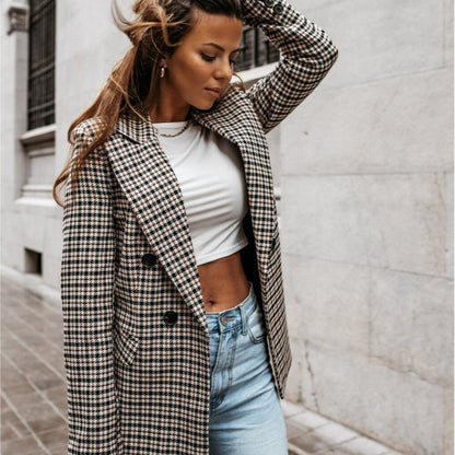 Chaqueta de traje de manga larga con estampado a cuadros informal a la moda para mujer