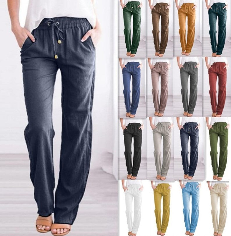 Women Casual Solid Color Cotton Linen Loose Drawstring Pants