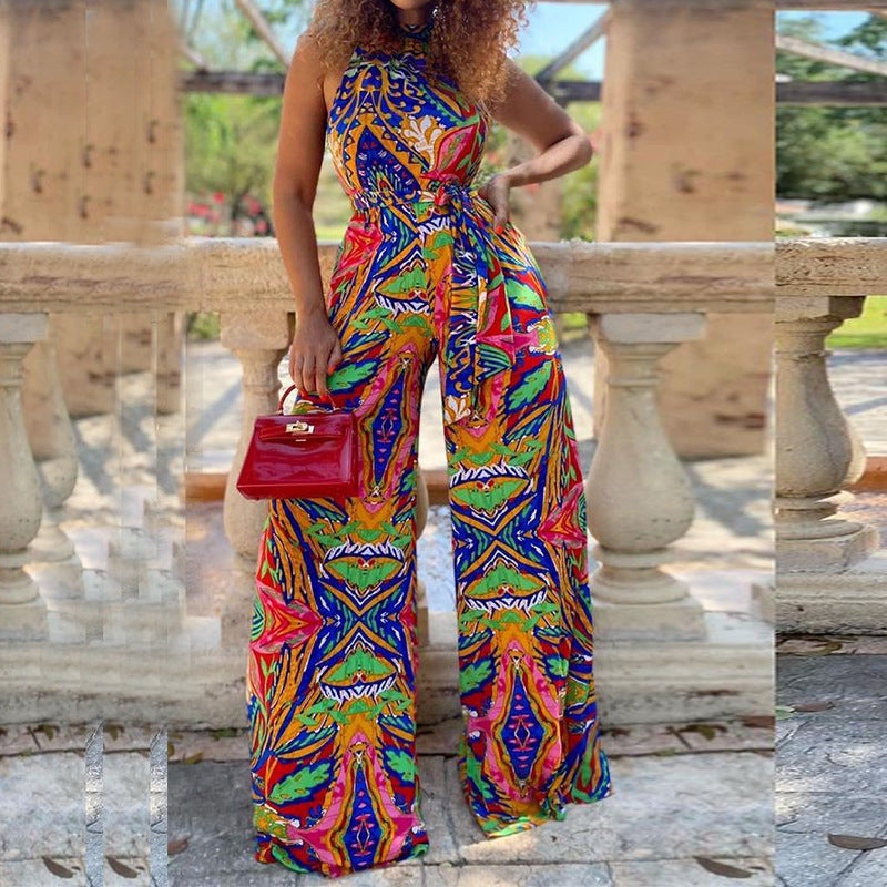 Women Casual Fashion Vacation Boho Sleeveless Printing Wide Leg Jumpsuit