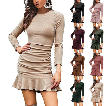 Women Casual Long Sleeve Creased Ruffled Long Sleeve Dress