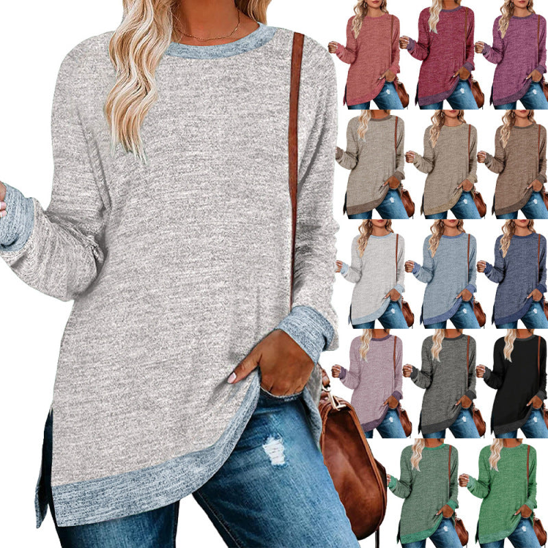 Camiseta informal de manga larga con cuello redondo y abertura en color para mujer