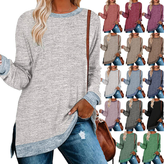 Camiseta informal de manga larga con cuello redondo y abertura en color para mujer