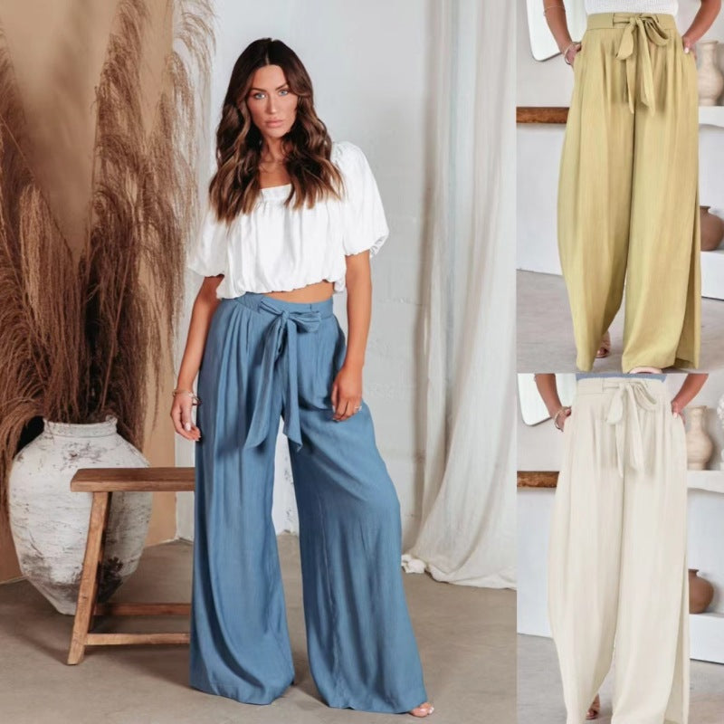Pantalones anchos de encaje de cintura alta de color sólido casuales de moda de verano para mujer