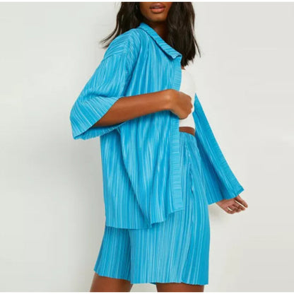 Women Casual Summer Vacation Short-Sleeved Shirt Blouse Shorts Fashion Solid Color Pleated Two-Piece Set