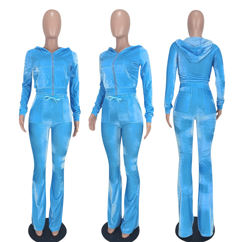 Conjunto de dos piezas deportivo informal para mujer, con capucha, manga larga, pantalones acampanados y cremallera de terciopelo de color liso