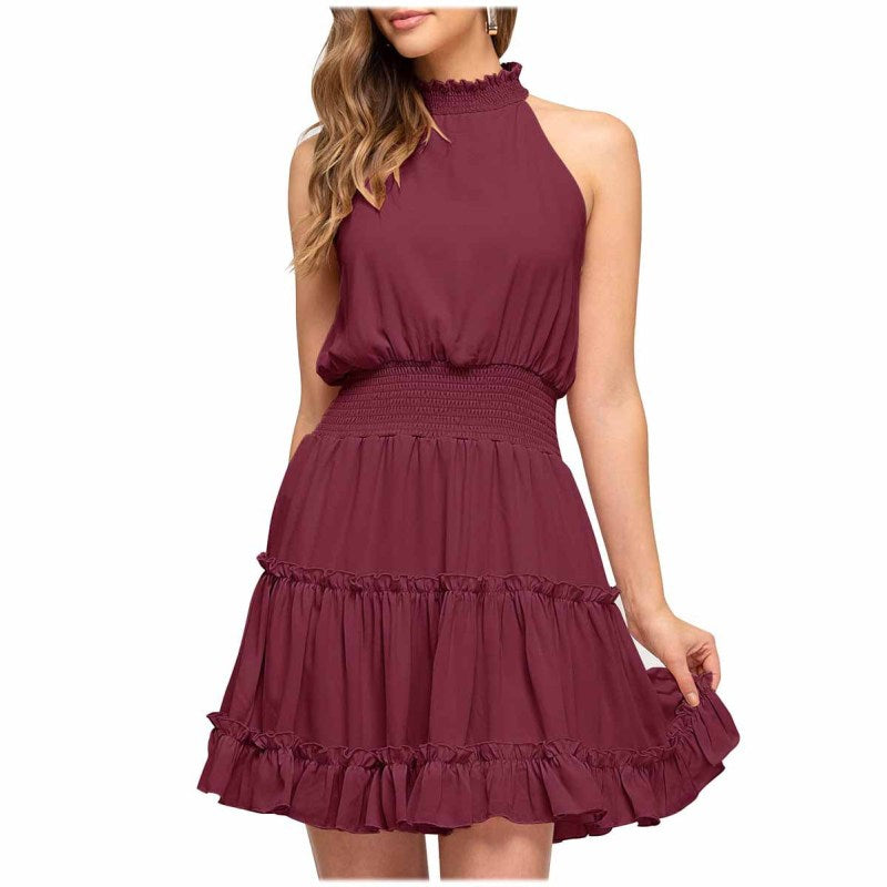 Women Fashion Casual Solid Color Neck Sleeveless Ruffled Dress