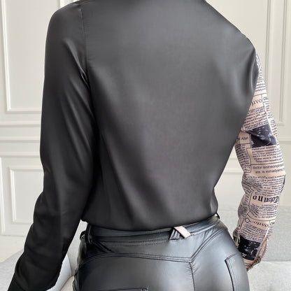 Blusa elegante informal de trabajo con estampado de letras, mangas largas, solapa y bloques de color para mujer