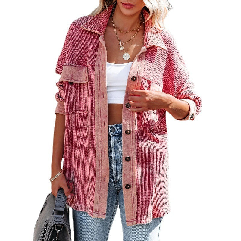 Women Casual Office Long Sleeve Lapel Single-breasted Pocket Design Rin Knit Shacket