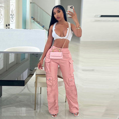 Women Fashion Casual Loose Multipocket Wide-Legged Pants