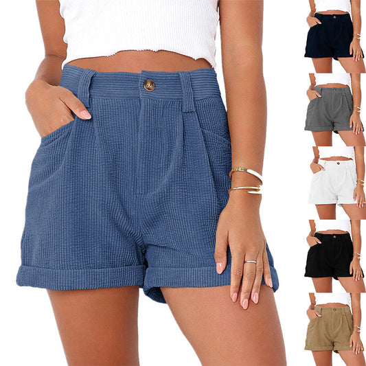 Pantalones cortos casuales de pana de color liso para mujer