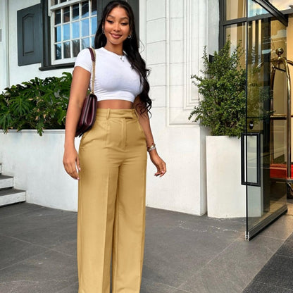 Women Fashion Casual Solid Color High Waist Wide Leg Pants