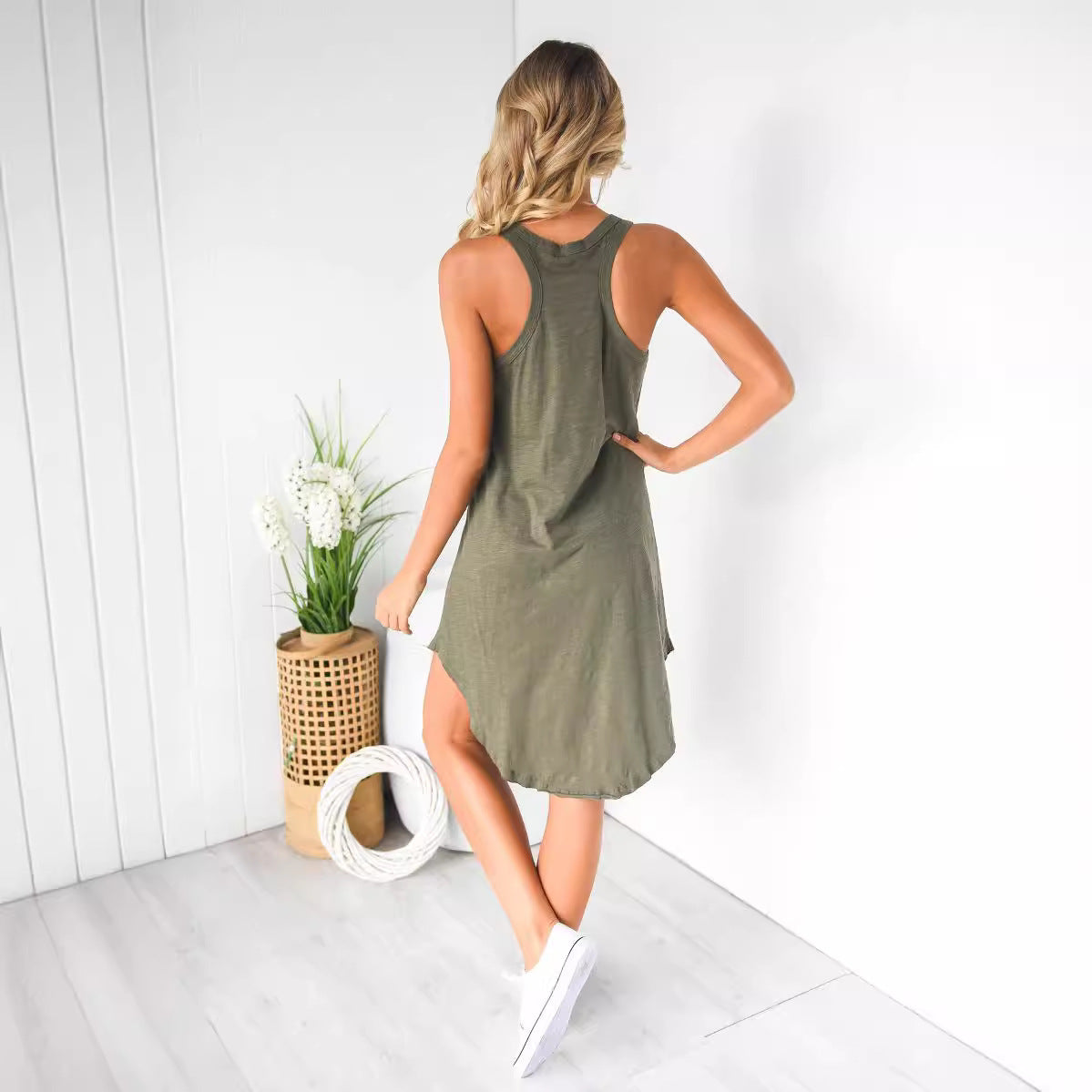 Vestido tipo chaleco informal sin mangas de color liso para mujer