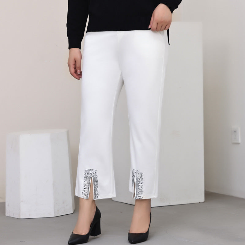 Women Fashion Casual High Waist Rhinestone Plus Size Pants