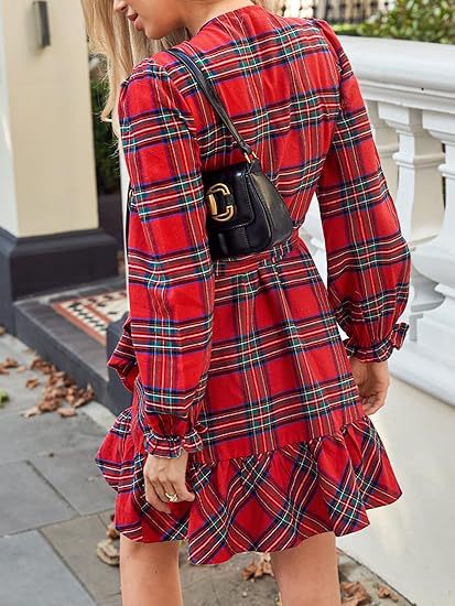 Women Fashion Casual Plaid Printed V-Neck Bubble Sleeve Lace-Up Ruffled Dress