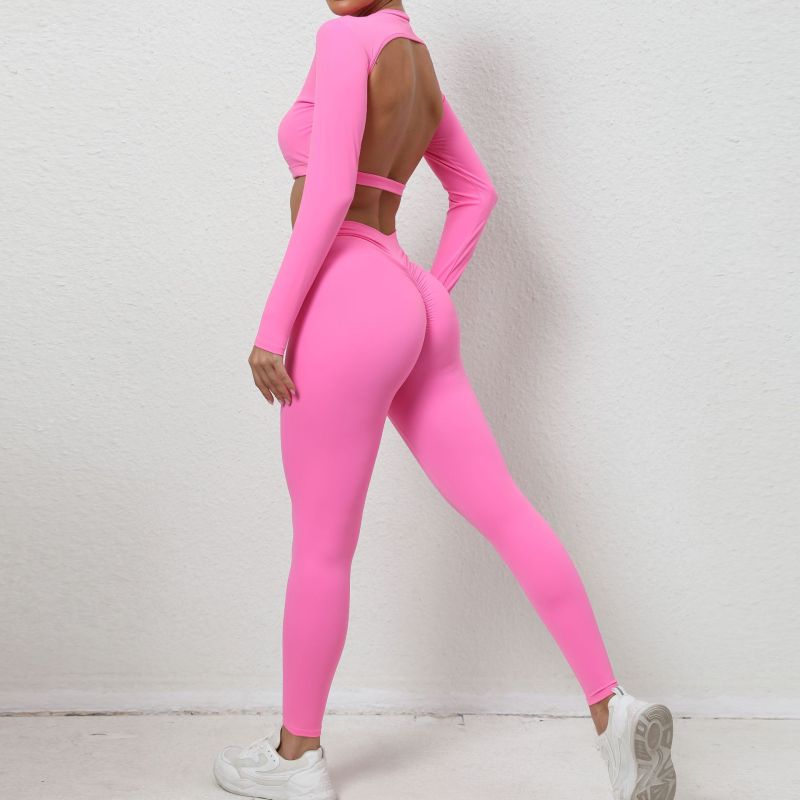 Women Fashion Casual Solid Color Backless Long Sleeve Yoga Tight Sports Suit