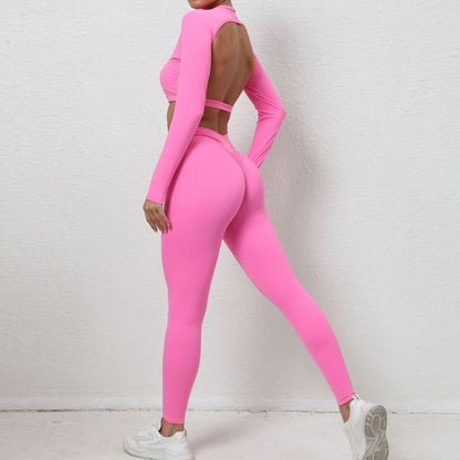 Women Fashion Casual Solid Color Backless Long Sleeve Yoga Tight Sports Suit