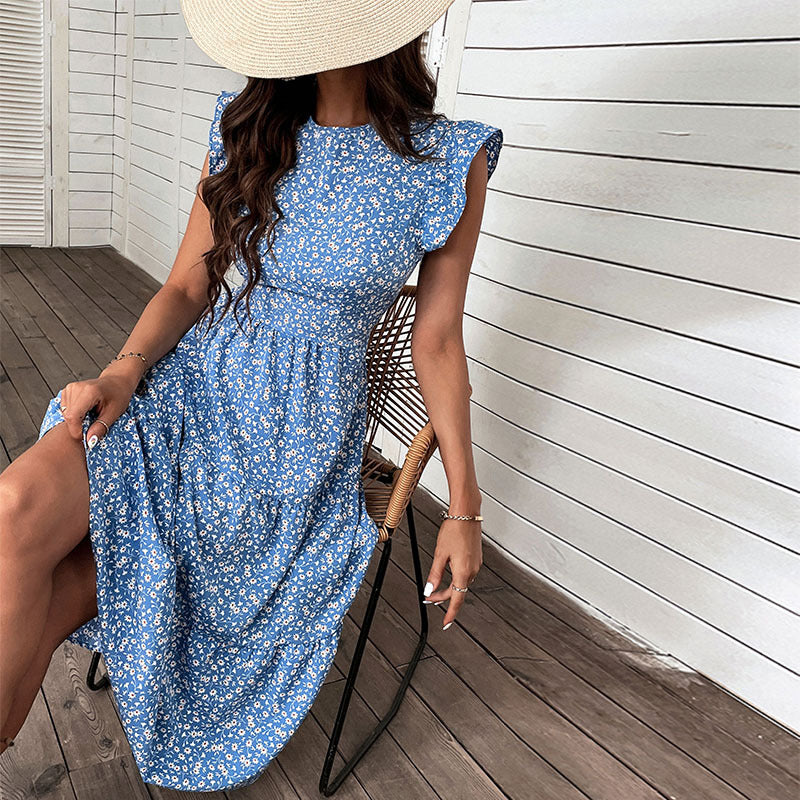 Women Casual floral Printing Round Neck Ruffled Dress