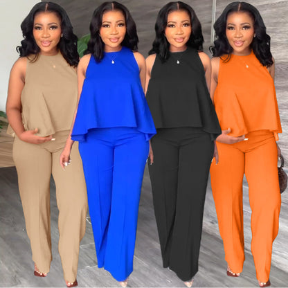 Conjunto de blusa y pantalones holgados sin mangas informales de verano para mujer