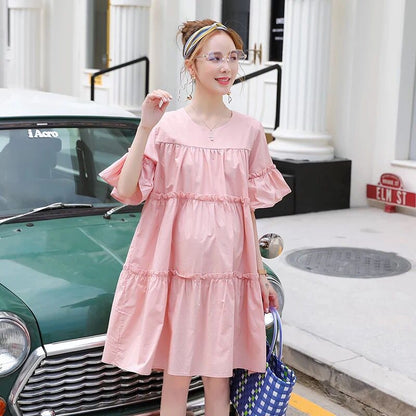 Pregnant Women Fashion Casual Loose Ruffled Stitching Short-Sleeve Dress