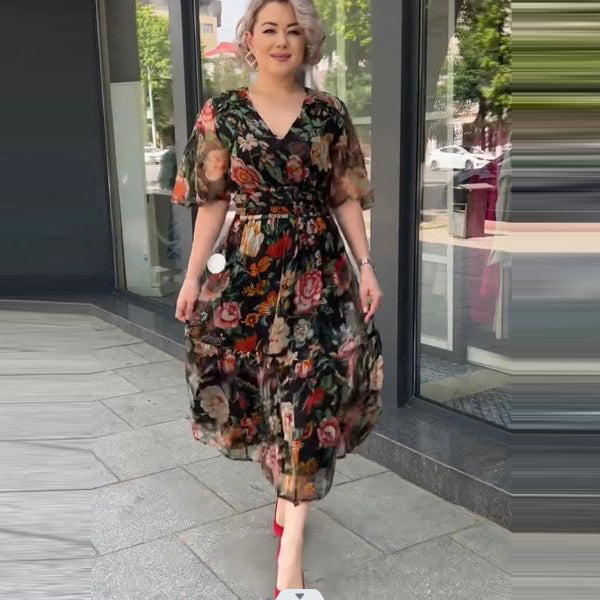 Vestido informal de manga corta con cuello en V y estampado floral para mujer, talla grande