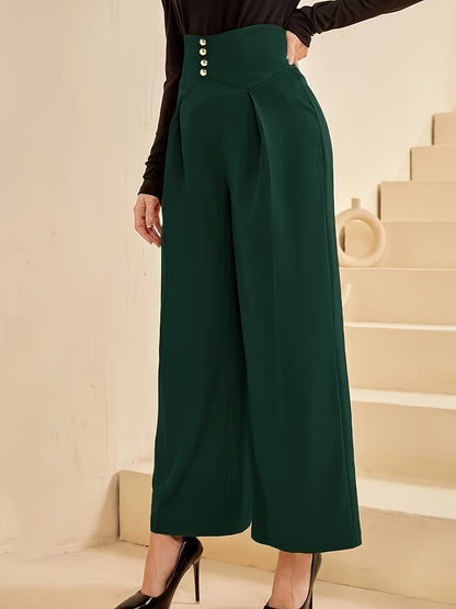 Women Fashion Casual Plus Size Solid Color High Waist Wide Leg Buckle Pants
