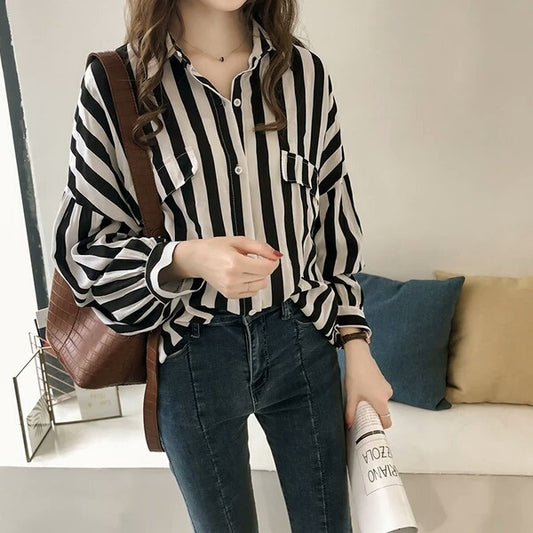 Blusas casuales de manga larga con estampado de rayas para mujer