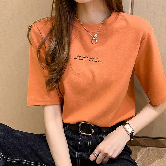 Camiseta informal de manga corta con cuello redondo y estampado de letras para mujer