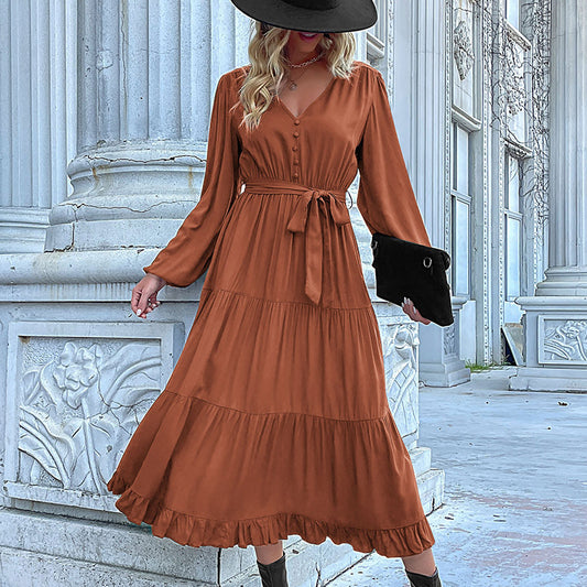 Vestido midi plisado con volantes de manga larga para mujer, informal, de otoño e invierno